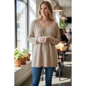 Marisima Made in Italy Metallic Foil V-Neck Knit Sweater Beige One Size OS